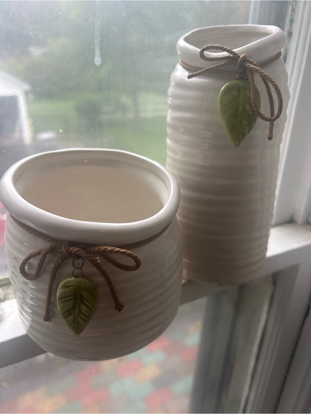 NWT Ceramic Vase Set with Green Leaf Accent and Twine, Asymmetrical Shape